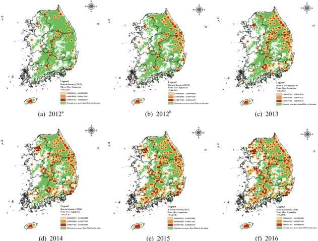 Fig. 4. The patterns of spatial distribution through the Kernel density analysis by year.