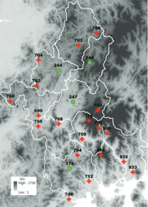 Fig. 1. Korean Meteorological Administration’s  synoptic meteorological observation network (green  circle) and automatic weather stations (red cross) for  derivation and verification of daily maximum wind  speed estimation equation