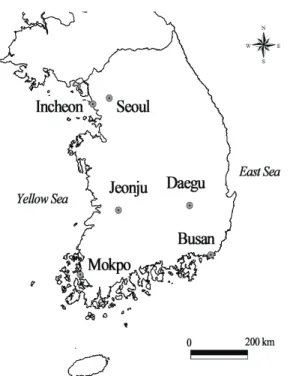 Fig. 1. Geographical locations of 6 sites where calculated drought indices for the normal and recent 5 years.