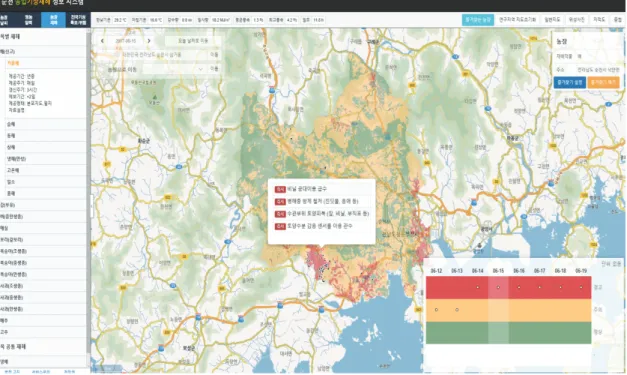 Fig. 2. Web based early warning service user interface, Click on a farm area in the map to view weather and  agrometeorological risks.