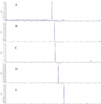 Fig. 1. XIC of 5 target compounds. Peak identification: A. pred- pred-nisolone(t R : 7.34 min), B