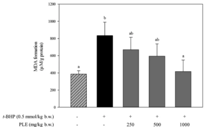 Fig. 3. Effect of PLE pre-treatment on t-BHP induced liver damage. A, Control (n = 6); B, Rats treated with t-BHP (0.5 mmol/kg) showed liver cell death (arrow); C, Rats pretreated with 250 mg/kg of PLE and then  BHP; D, Rats pretreated with 500 mg/kg of PL