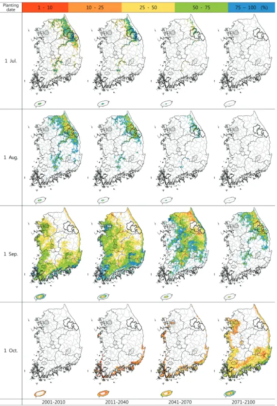 Fig. 2. Geographical migration of the land area suitable for Kimchi Cabbage with varying planting dates for the current  (2001-2010) and the future (2011-2040, 2041-2070, and 2071-2100) periods under the RCP8.5 climate scenario in  South Korea