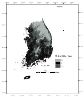 Fig. 4. Land suitability classification for pears using  climate information. (N1: Currently not suitable, S2: