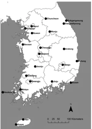 Fig. 1. Locations of the Korea Meteorological Administration (KMA) stations where both the solar radiation and sunshine duration data are available.