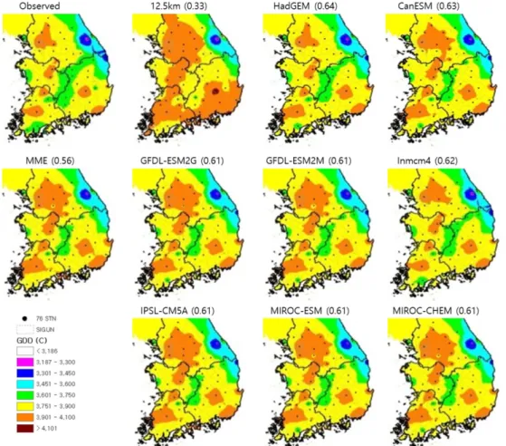 Fig. 2. The spatial distribution of GDD (growing degree day) based on the temperature 5 o C during 1976 to 2005 under observed, nine individual GCMs and MME