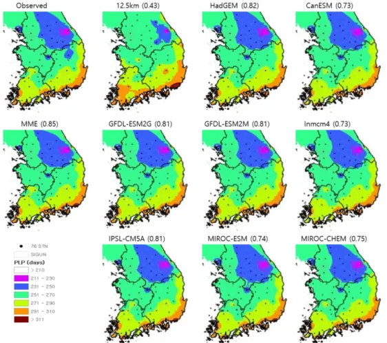 Fig. 3. The spatial distribution of plant period (T base =5 o C) during 1976 to 2005 under observed, nine individual GCMs and MME