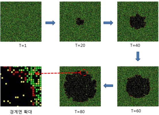 Fig. 4. Snap shots of fire spreading according to time T (=1, 20, …, 80).