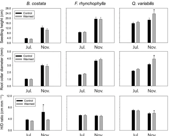 Fig. 1. Seedling height, root collar diameter, and height to diameter (H/D) ratio of Betula costata, Fraxinus rhynchophylla, and Quercus variabilis seedlings in control and warmed plots