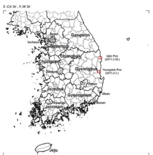 Fig. 2. SPOT5 images for burn severity analysis and field survey points in two large fire areas.