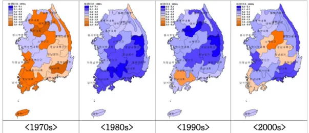 Fig. 6. The average frequency of abnormally long duration of sunshine from 1970s to 2000s by 20 agro-climatic zones.