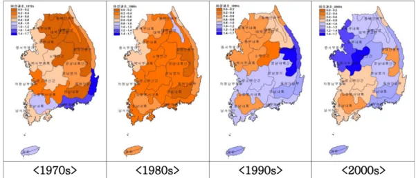 Fig. 7. The average frequency of abnormally short duration of sunshine from 1970s to 2000s by 20 agro-climatic zones.