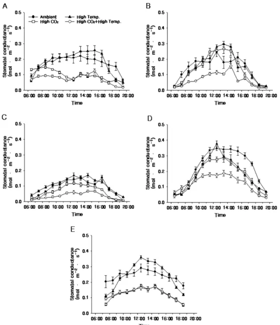 Fig. 5. Diurnal change of stomatal conductance of ‘Fuji’/M.9 apple tree under elevated CO 2  concentration and air temperature on 4 June (A), 8 July (B), 12 August (C), 14 September (D), and 7 October (E) in 2010
