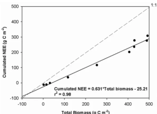 Fig. 8. Linear relationships between the cumulated net ecosystem exchange (NEE) and total biomass of rice from June to October in 2012.