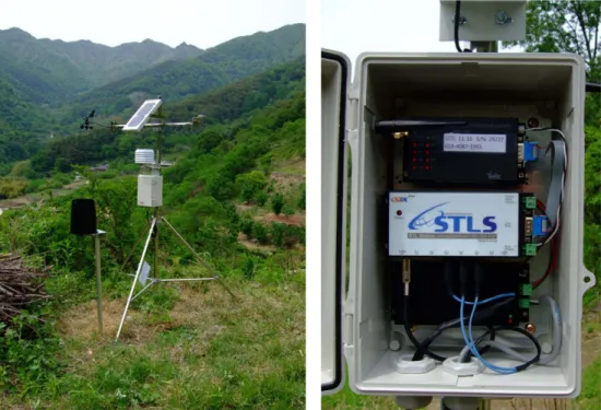 Fig. 1. One of the 14 automated weather stations installed at the study area (left) and the data logger connected with CDMA modem and power supply (right).
