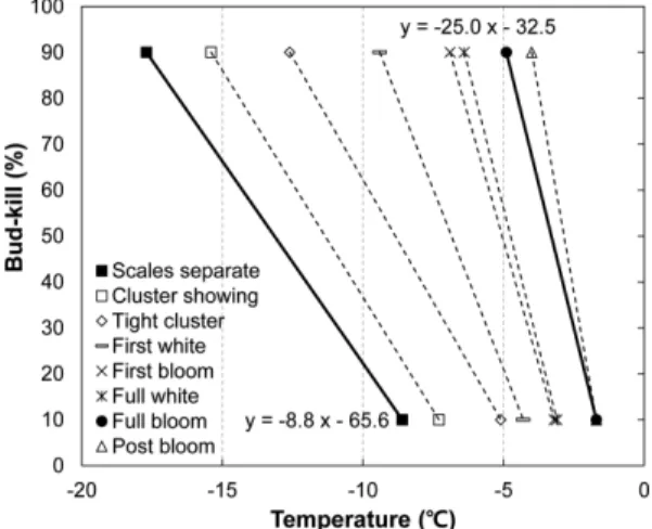 Fig. 4. Relationship between daily minimum temperature and bud-kill ratio at various phenological stages in a pear cultivar.