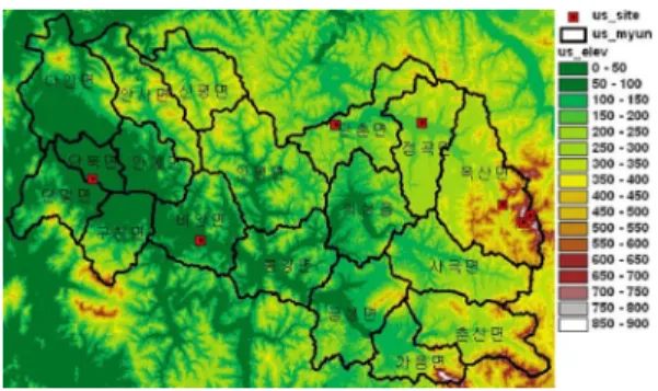 Fig. 1.  Locations of the 7 observation sites (quadrangle) on the elevation map of Uiseong County.