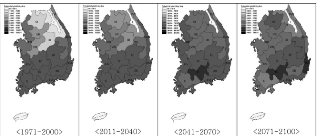 Fig. 6.  Agro-climatic zonal changes of potential yield of winter barley cultivar ‘Saesalbori’ under the A1B climate change scenario in the warming conditions.