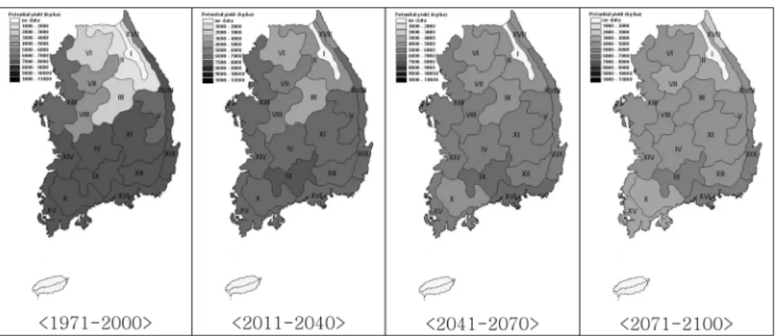 Table 9.  Climatic zonal changes of potential yield of three naked barley cultivars under A1B climate change scenario in the elevated CO 2  concentration conditions