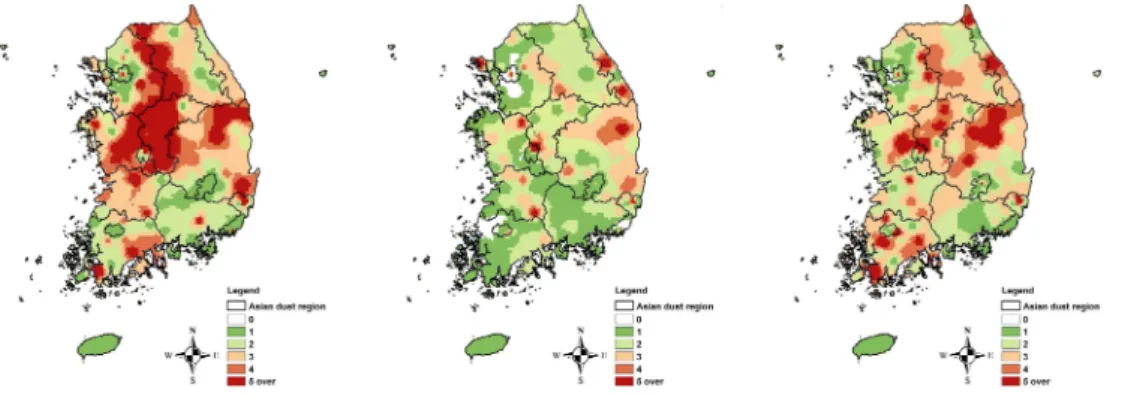 Fig. 8.  The comparison of average forest fire danger rating between Asian dust and non-Asian dust days during spring season, 2004 to 2008.