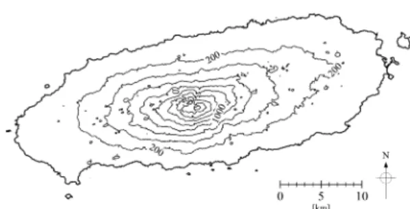 Fig. 1.  Topographic map in Jeju Island with contours from 0 to 1800 m with 200 m interval.