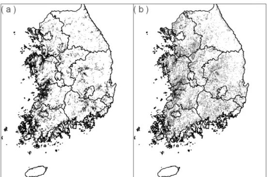 Fig. 7.  Error distribution of MODIS-based paddy field map with respect to that map from the Ministry of Environment land cover map.