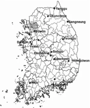 Fig. 1.  The research sites for climate data collection and fruit quality analysis of ‘Campbell Early’ grapes.