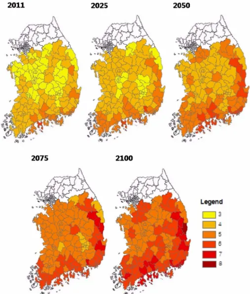Fig. 4.  Gradual changes of the number of recommended spray for anthracnose during 2010-2100