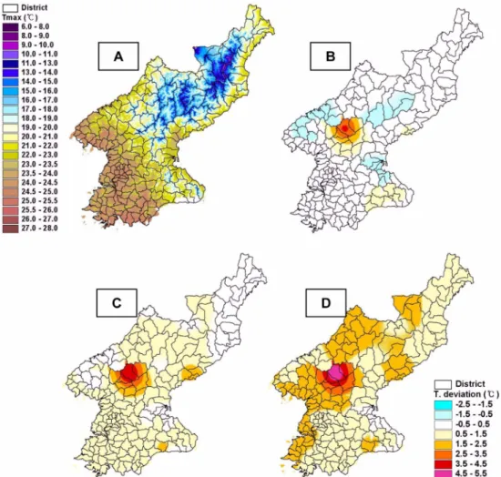 Fig. 4.  A sample map of the 30 m resolution climate model across North Korea showing the monthly average of daily maximum temperature for September during 1971-1980 (A)