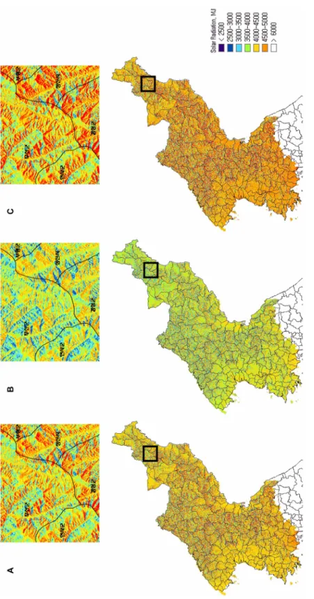 Fig. 3. Temporal changes and geographical distribution of annual solar radiation in North Korea during the recent 3 decades (A: 1983-1990, B: 1991-2000, C: 2001-2010).