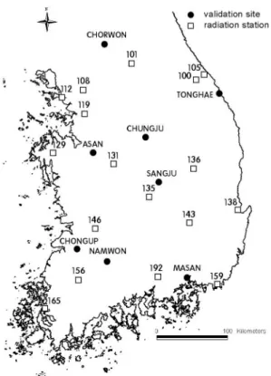 Fig. 1.  Locations of 18 Korea Meteorological Administration solar radiation stations and eight sunshine duration stations where pyranometers were installed for the validation purpose