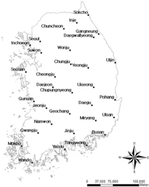 Fig. 1. Location of 32 observation stations.
