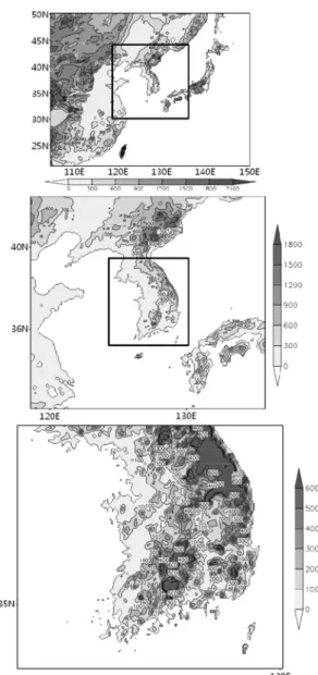 Fig. 1.  WRF domain and topography (shading, unit is m) for Domain 1 (upper panel, 27km spacing), Domain 2 (middle panel, 9km spacing), and Domain 3 (lower panel, 3km spacing)