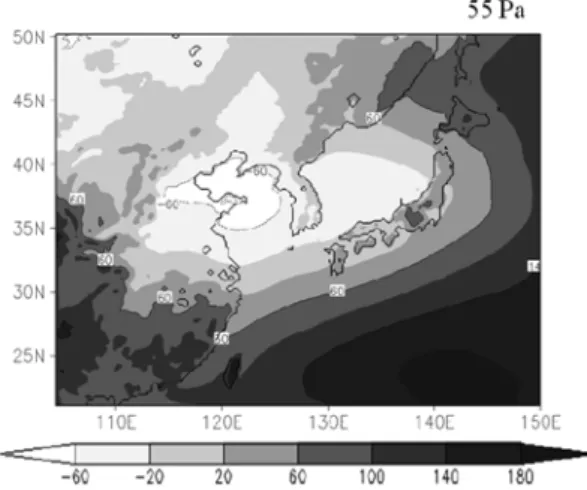 Fig. 3.  Differences in sea level pressure (Pa) for Domain 1 (2 × CO 2  minus 1 × CO 2 ) averaged from March to September.