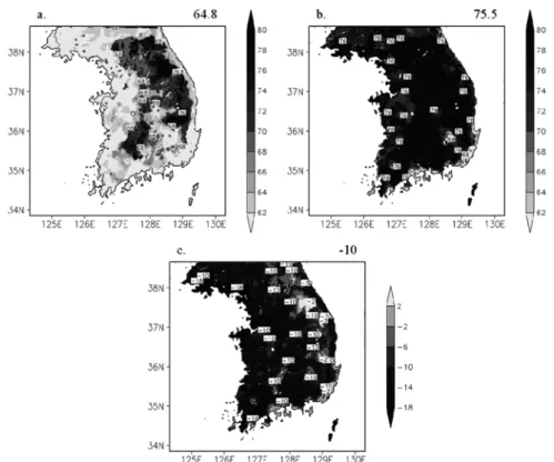 Fig. 7.  Last frost date in spring for a. 2 × CO 2  (days), b. 1 × CO 2  (days), and c