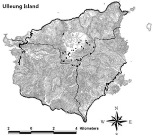 Fig. 1. Map of the study sites around Nari basin of Ulleung Island.