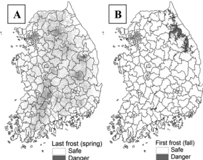 Fig. 5.  Locations of frost prone areas for the last frost in spring (A) and the first frost in fall (B), which are expected in the current climatological normal year (1971-2000).