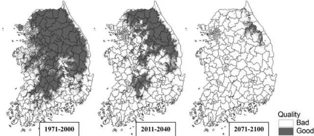 Fig. 7.  Decrease in the potential land area satisfying the fruit quality criterion for ‘Fuji’ apple under the projected climatic change in the future