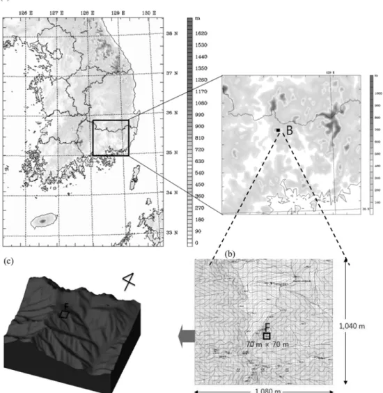 Fig. 1.  (a) The WRF domain with 1km resolution topography around the place of the fire event (“B”) at Mt