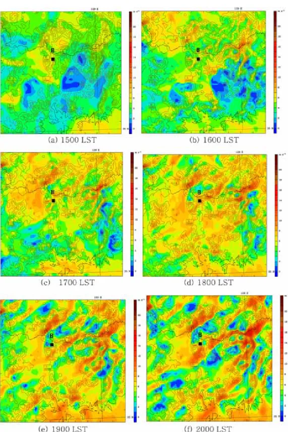 Fig. 4.  Distribution of simulated wind speed in color shades from WRF in the height of 10 m at t = (a) 15:00, (b) 16:00, (c) 17:00, (d) 18:00, (e) 19:00, and (f) 20:00 LST