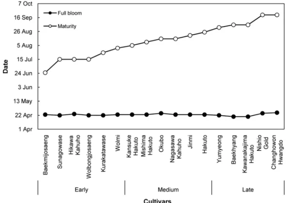 Fig. 1.  Dates of the full bloom and the maturity for peach cultivars classified in different maturity groups (modified from http://3good.nongup.gyeonggi.kr)