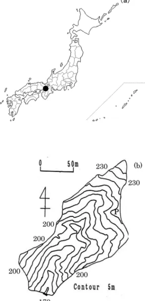 Fig. 1.  Location and topography of the Yamashiro Experi- Experi-mental Forest and the study plots