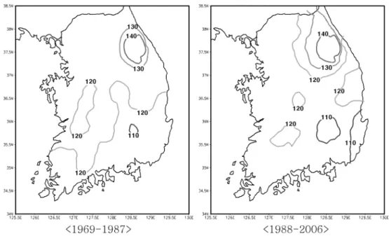 Fig. 3.  Changes of the first appearance date (in DOY) of daily mean temperature 15 o C for the periods of 1969-1987 and 1988-2006.