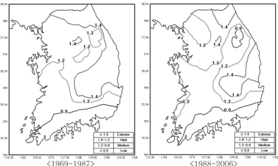 Fig. 6.  Changes of occurrence rate (%) of low temperature during rice transplanting period for the periods of 1969-1987 and 1988-2006.