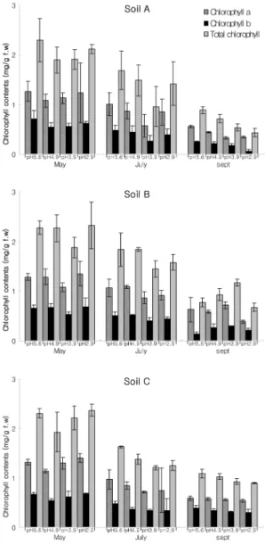 Fig. 1.  Leaf chlorophyll contents of  L. tulipifera  seedlings treated with four pH levels of simulated acid rain under three soil types