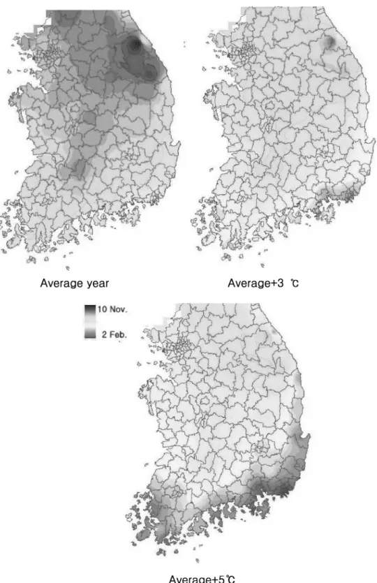 Fig. 3.  Estimation of bud dormancy breaking time by  DVR  model with global warming condition in ‘Niitaka’ pear in Korea.