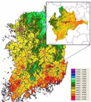 Fig. 3.  Distribution of GDD based on monthly temperature data for South Korea at a 30m resolution for the current normal year (1971-2000)