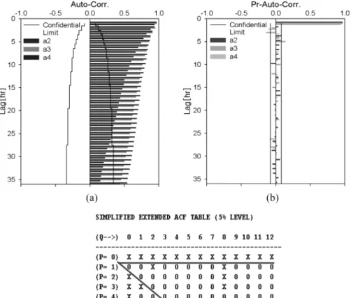 Fig. 5.  The autocorrelation function (ACF), partial autocorrelation function (PACF) of the soil moisture data in flowline A and the extended autocorrelation function of the soil moisture time series at the surface of point A2.