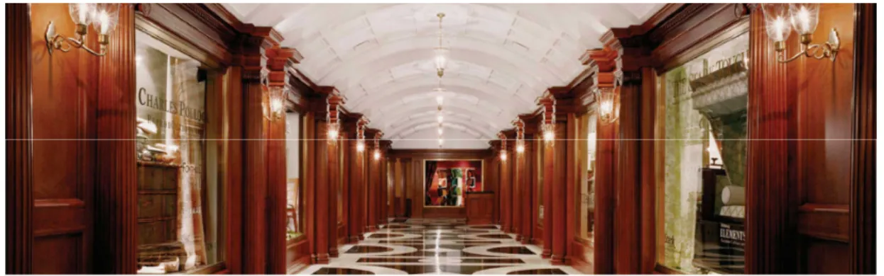 Figure 1. Inside Hallway of D&amp;D Building (www.ddbuilding.com) 선도적 생산회사의 제품이 전시된 세계최대의 인테리어 자재 시장으로 제품의 트렌드와 판매 정보를 얻기에 좋은 장,소다(“DDB information”, 2019).는 명품가가 밀집되어있는 번가와 약떨어진DDB5400ｍ번가와번가의 접점에 위치하고주변에358,Blooming등dale’s, Home Depot, T.J Maxx, Bed Beth 