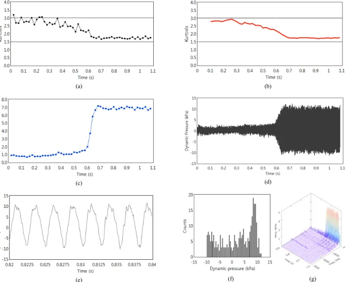 Fig. 4  Displays of the developed LabView code : (a) kurtosis, (b) moving average for TKs, (c) Prms, (d) whole dynamic pressure, (e) dynamic pressure in part, (f) histogram, and (g) FFT waterfall.